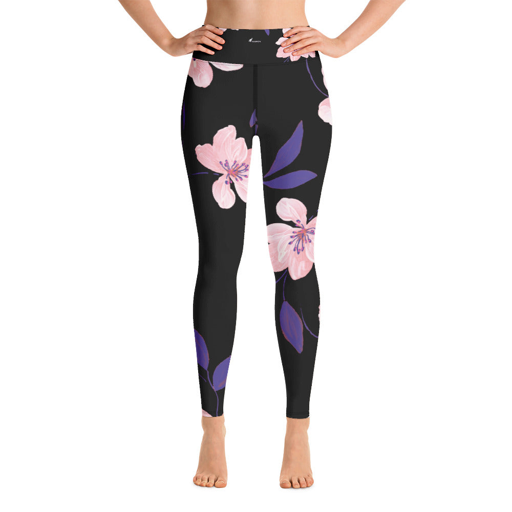TeeRex Leggings - Flowers, Black Purple Pink with pockets